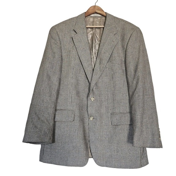 Vtg Chaps Ralph Lauren Mens Silk Wool Blazer Size 44R Houndstooth Plaid 2 Button - Picture 1 of 12